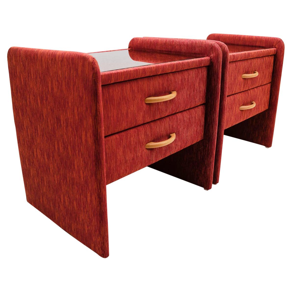 Two Fabric Upholstered Bedside Cabinets in Light Cherry Red and Glass, 1980s For Sale