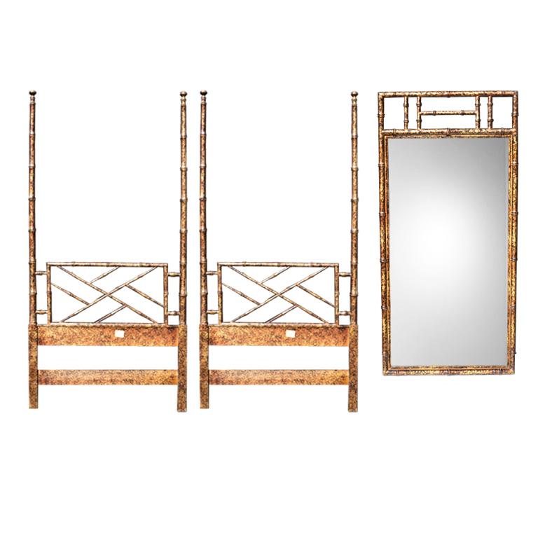 Two Faux Bamboo Twin Bed Headboard Set and Mirror in Tortoise Shell by Henredon