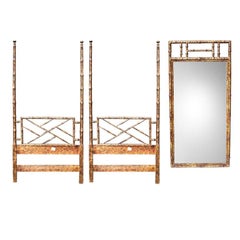 Used Two Faux Bamboo Twin Bed Headboard Set and Mirror in Tortoise Shell by Henredon