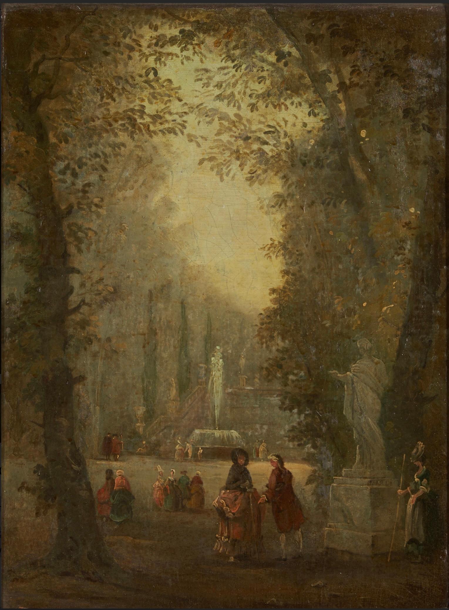 Dos exquisitas escenas de Fête Galante de Francia, pintadas a principios del siglo XIX en estilo rococó. 
La primera representa a varios grupos de personajes reunidos en un parque, con estatuas clásicas flanqueando una balaustrada y una fuente a lo