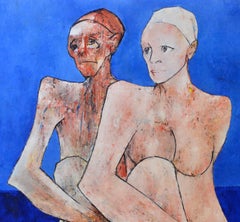 Two Female Figures on the Beach, Orange, Sky Blue & Beige Painting, circa 1972