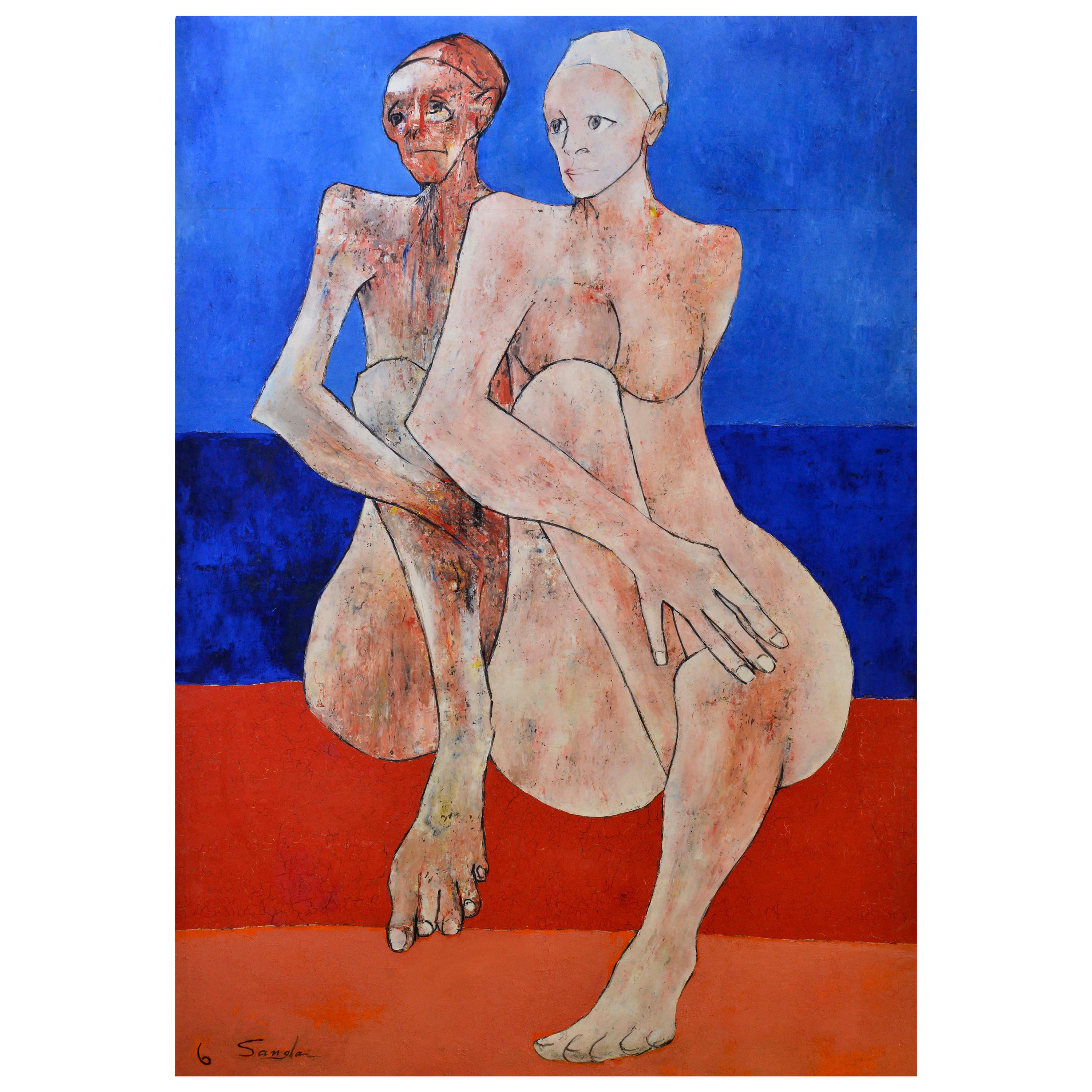 Two Female Figures on the Beach, Orange, Sky Blue & Beige Painting, circa 1972 For Sale
