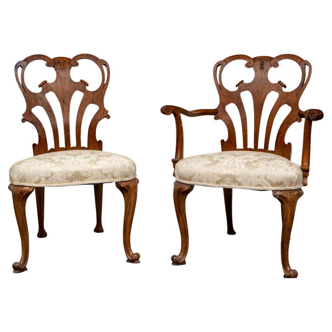 Two Fine Carved Walnut Baroque Style Accent Chairs