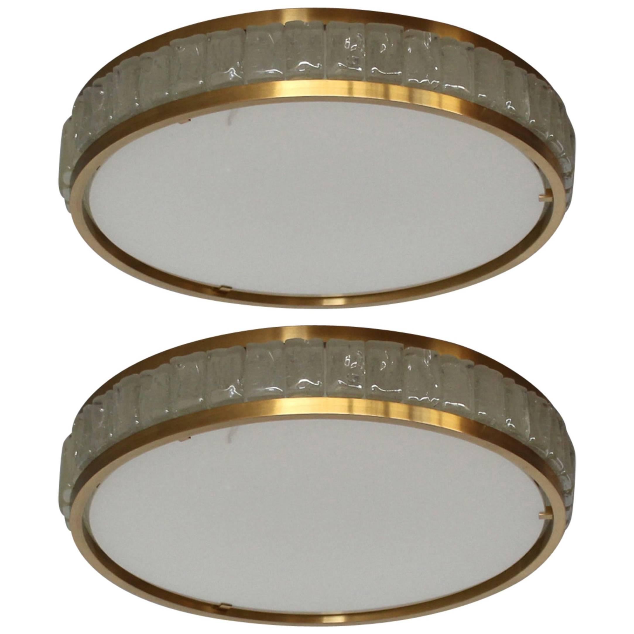 Two Fine French Art Deco Round Glass and Brass Flush Mount by Perzel