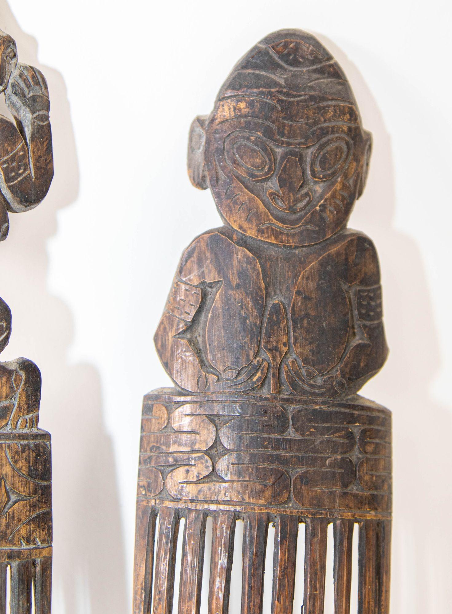Tribal Two Fine Yaka Ornamental Figural Wood Combs Cisakulo West Africa For Sale