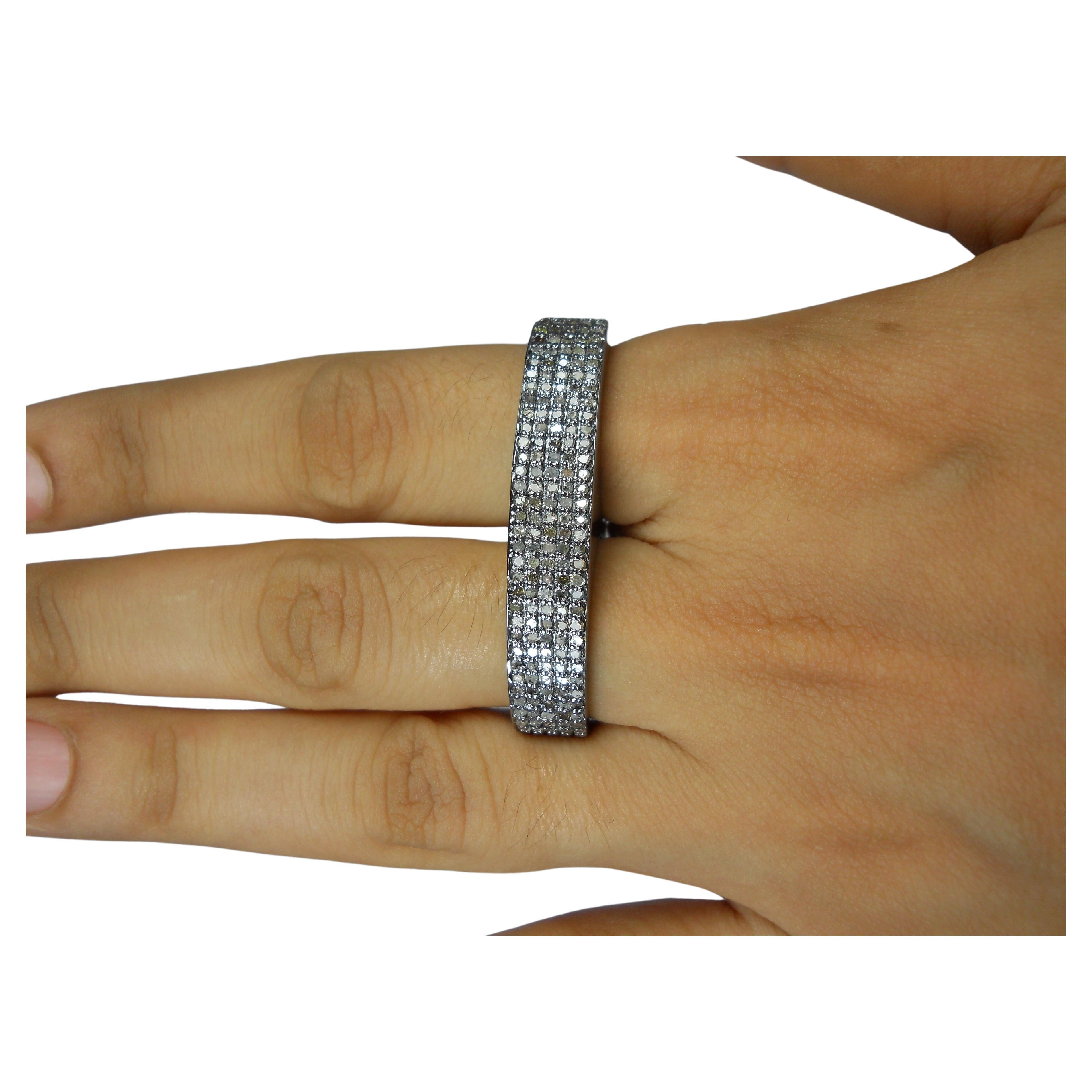 Two finger ring natural pave diamonds sterling silver oxidized vintage look ring For Sale