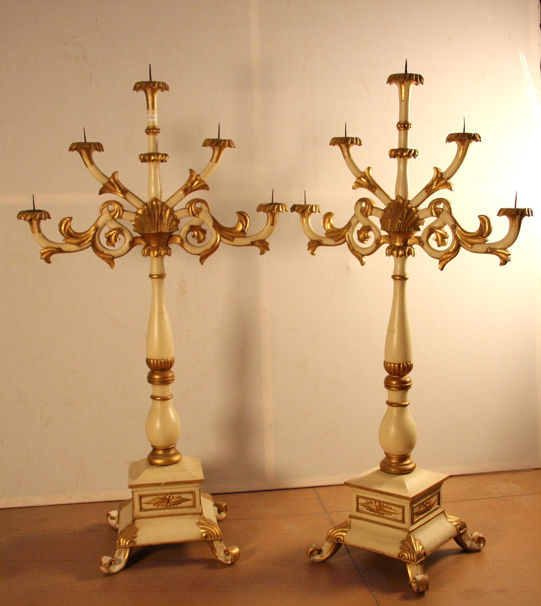 Hand-Carved Two Five-Light Candelabra, Wooden, Gilded and Lacquered Venetian For Sale