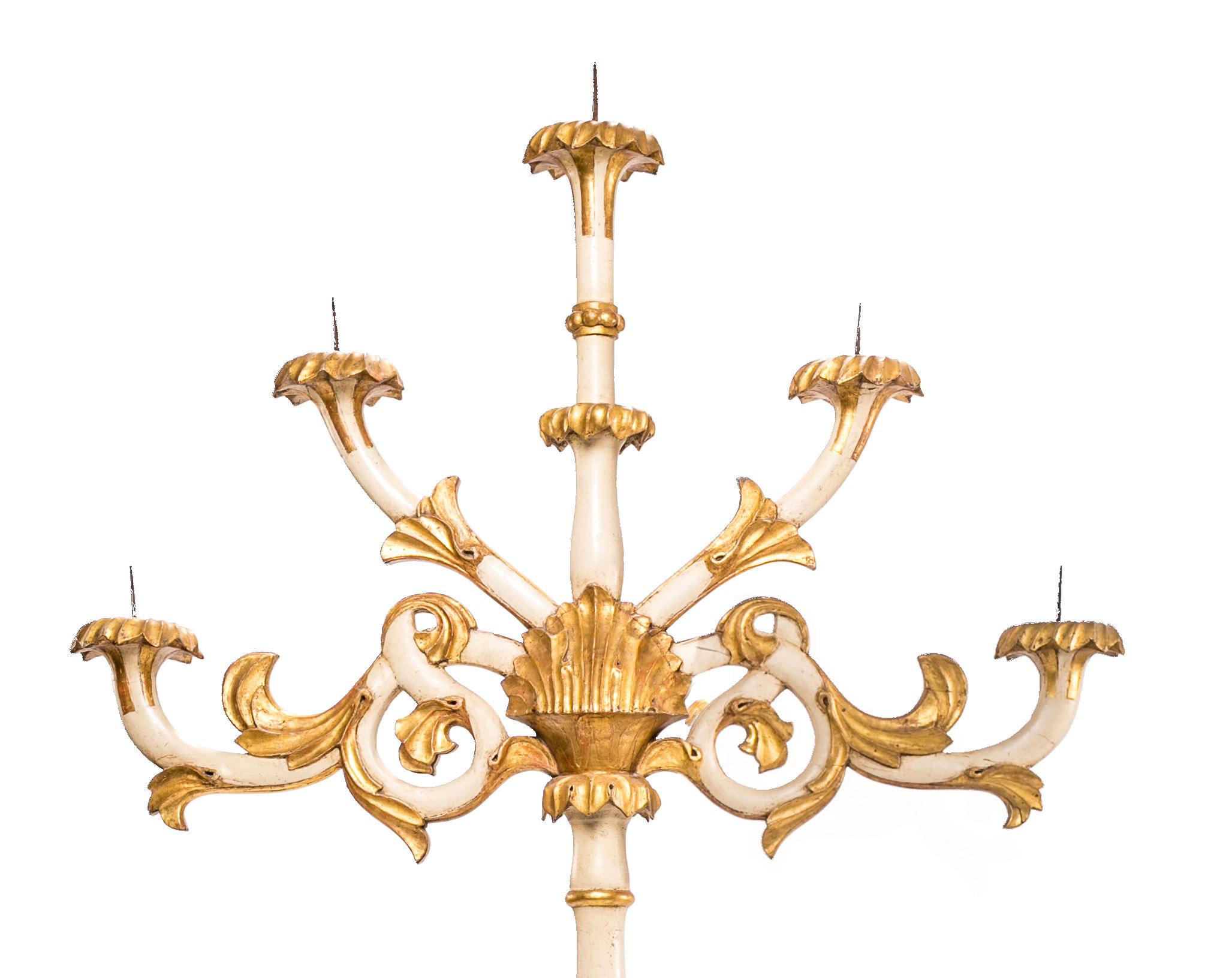 Early 19th Century Two Five-Light Candelabra, Wooden, Gilded and Lacquered Venetian For Sale