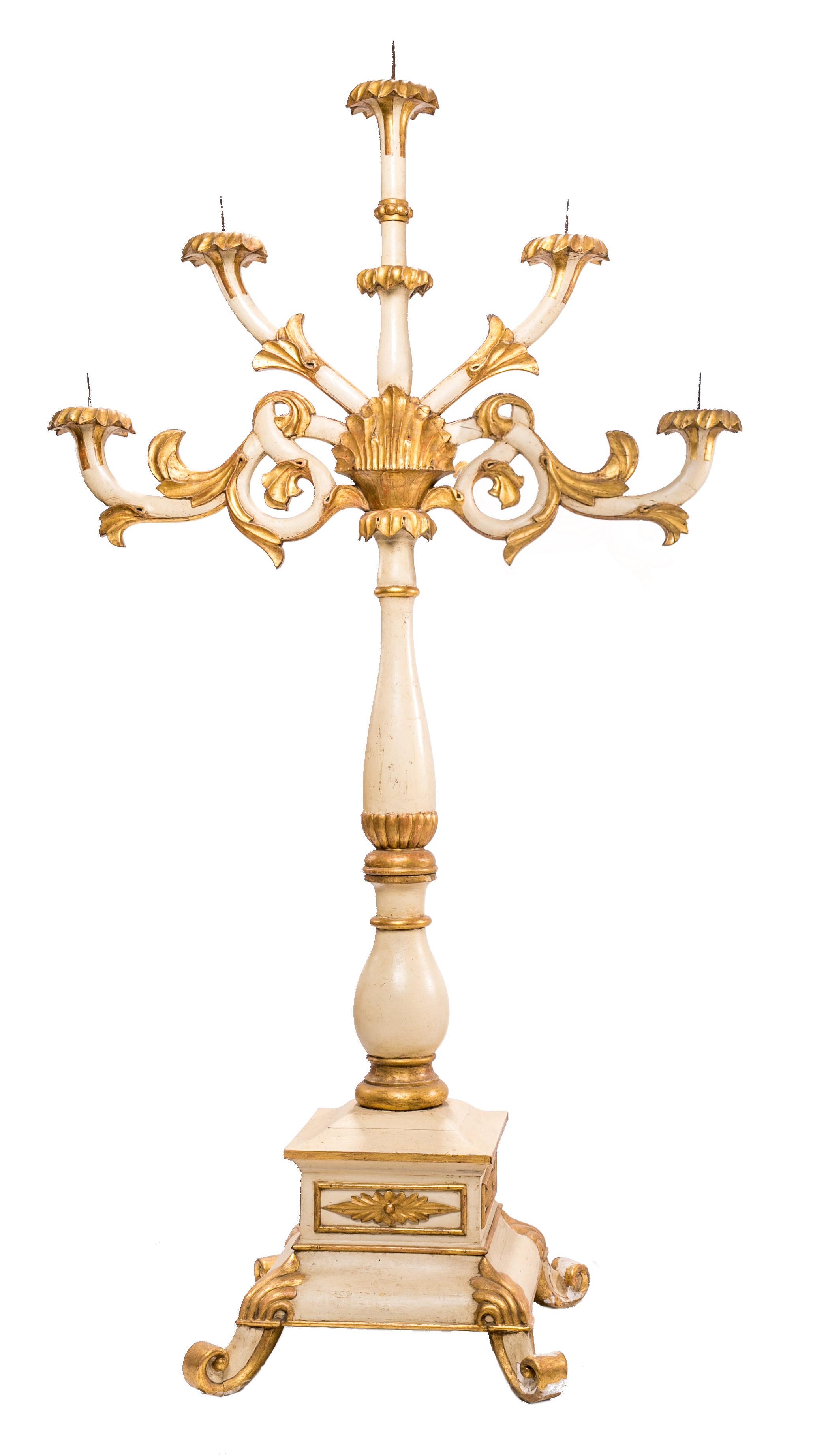 Two Five-Light Candelabra, Wooden, Gilded and Lacquered Venetian For Sale 1