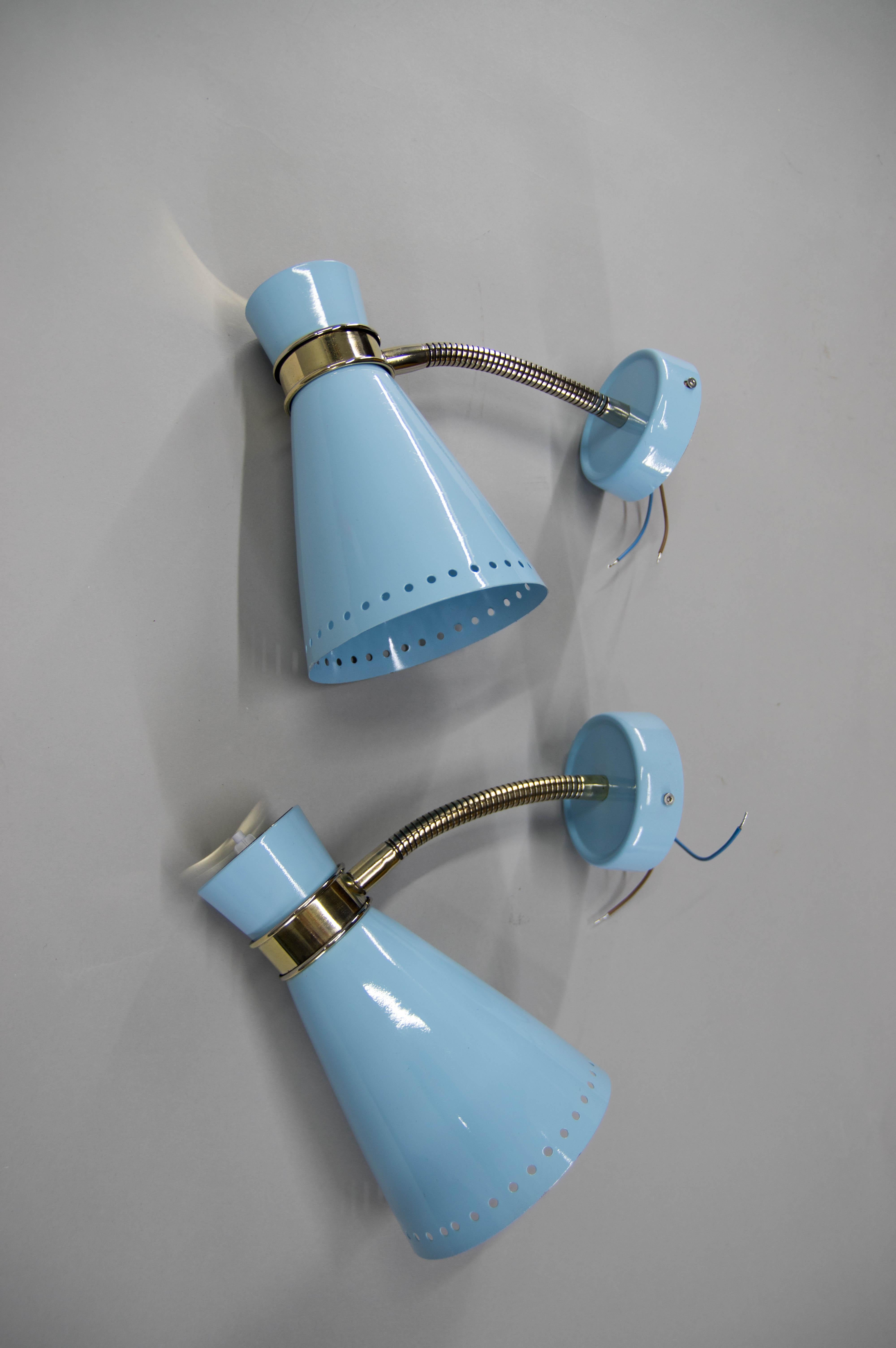 Metal Two Flexible Wall Lamps by Napako in Stilnovo Style, 1960s, Restored