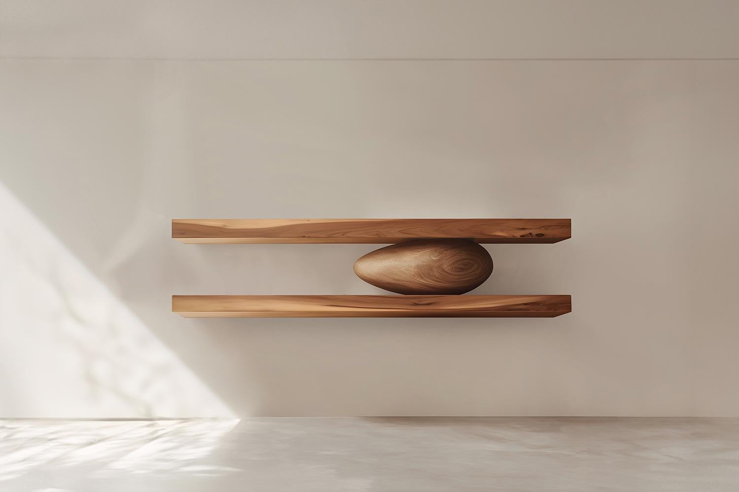 Set of Two Floating Shelves with One Sculptural Wooden Pebble Accent in the Middle, Sereno by Joel Escalona

—

What happens when the practical becomes art?
What happens when ornamentation gains significance?

Those were the questions Joel Escalona
