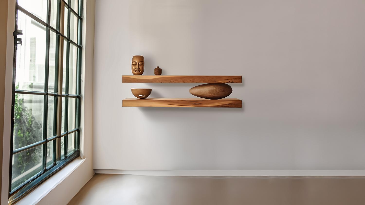 Mid-Century Modern Two Floating Shelves with One Sculptural Wooden Pebble, Sereno by Joel Escalona For Sale