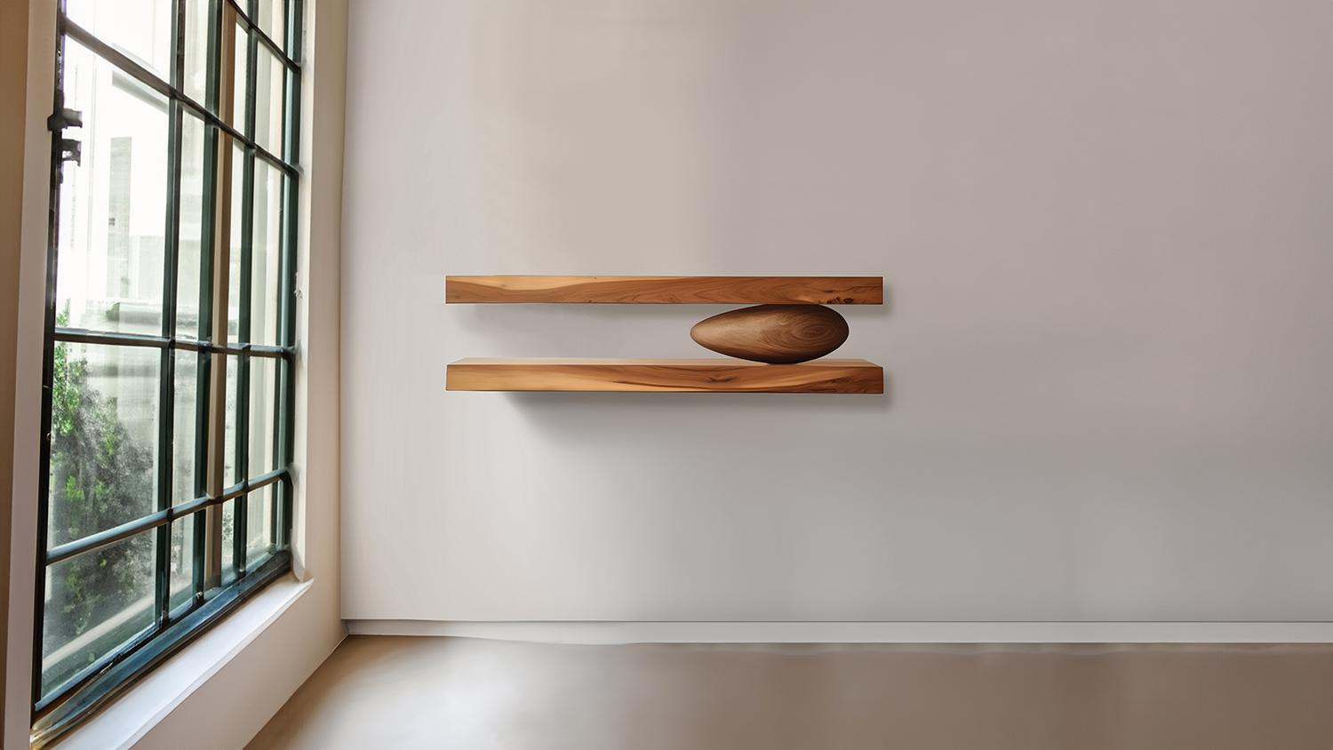 Mexican Two Floating Shelves with One Sculptural Wooden Pebble, Sereno by Joel Escalona For Sale