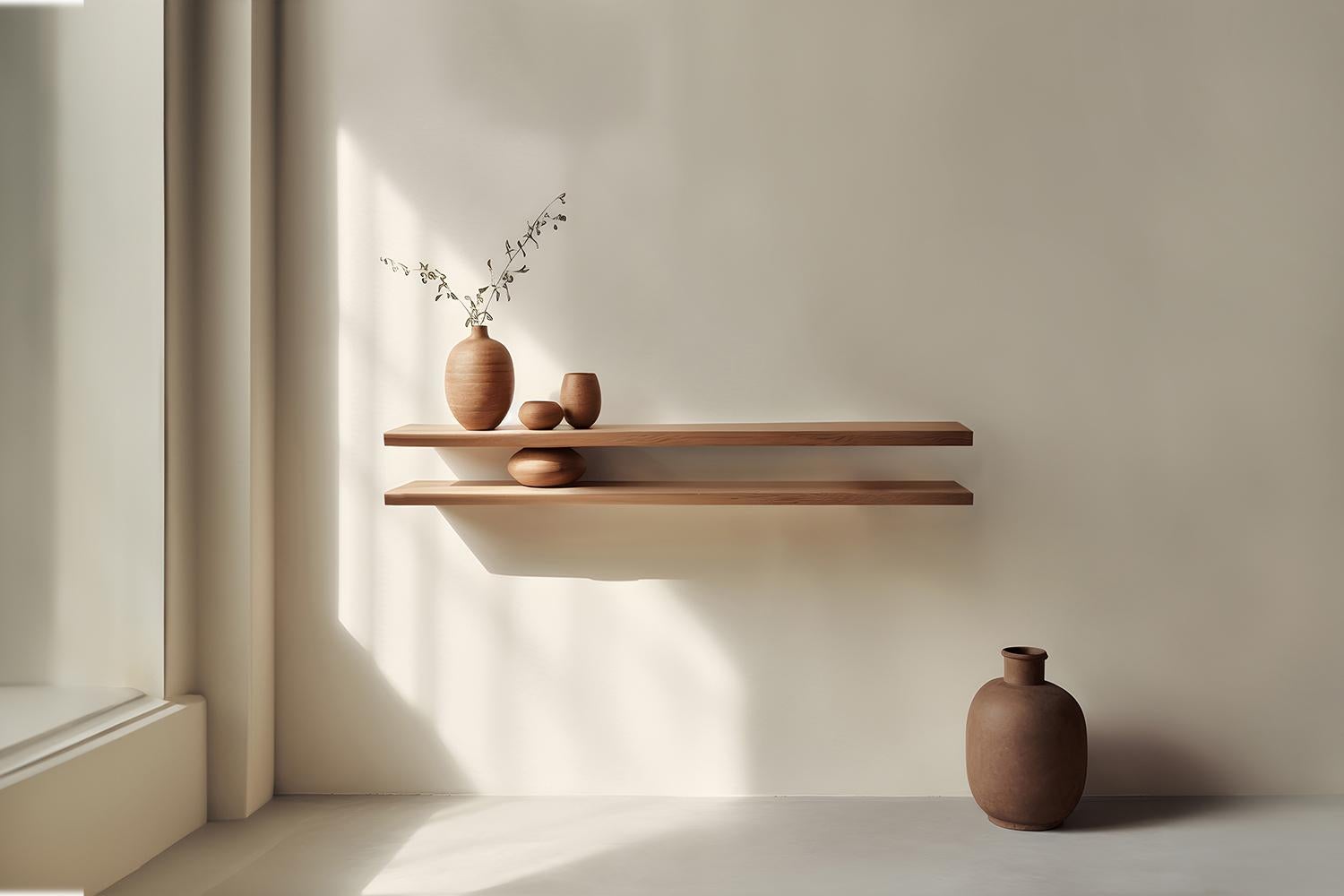 Contemporary Two Floating Shelves with One Sculptural Wooden Pebble, Sereno by Joel Escalona For Sale