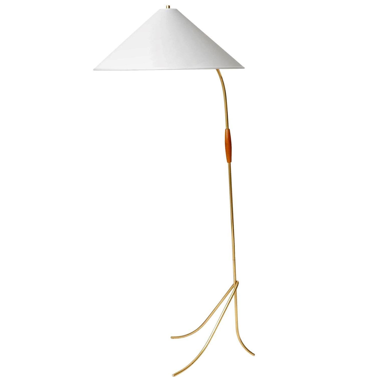 Mid-Century Modern One of Two Floor Lamps Brass Wood, Rupert Nikoll, Austria, 1960 For Sale