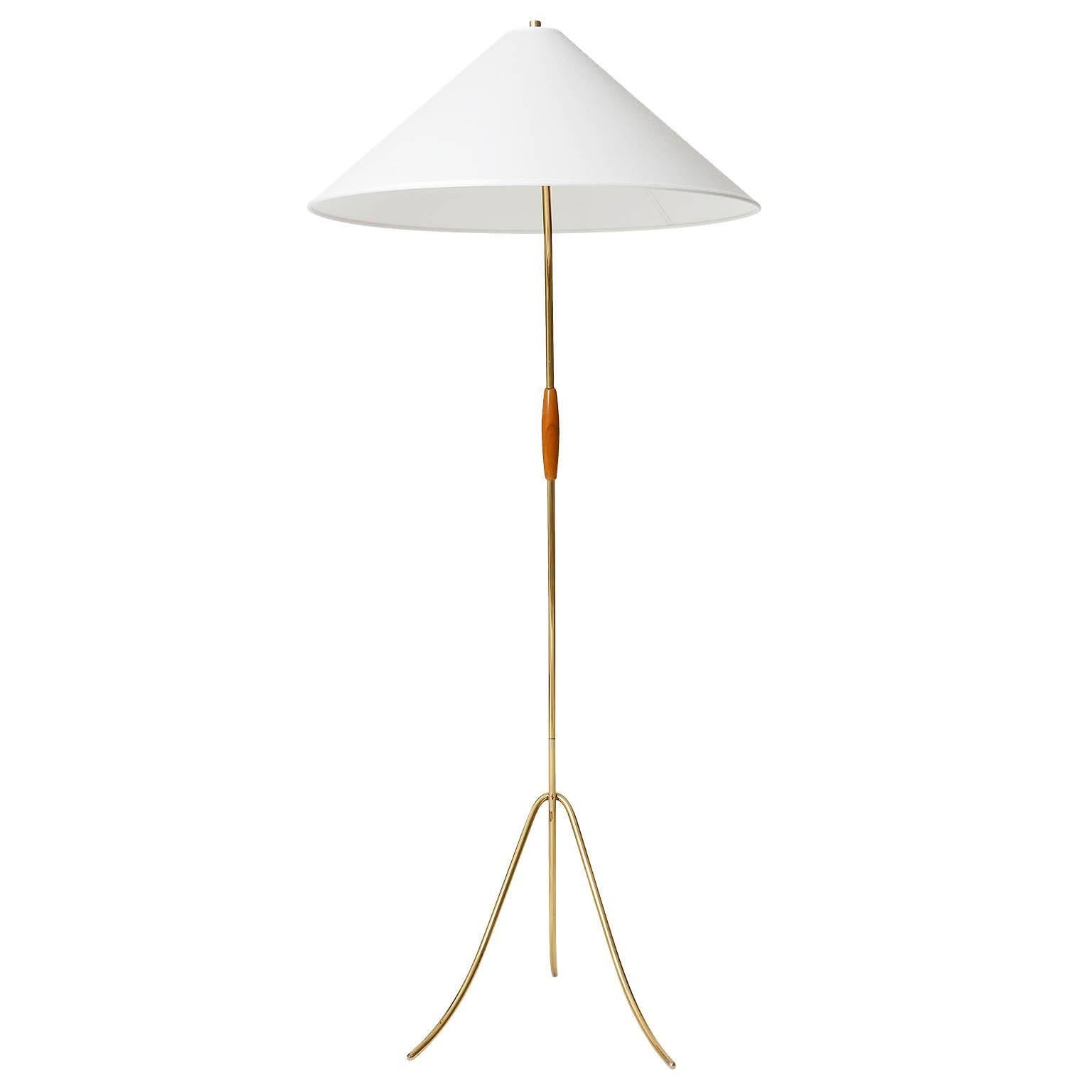 Polished One of Two Floor Lamps Brass Wood, Rupert Nikoll, Austria, 1960 For Sale
