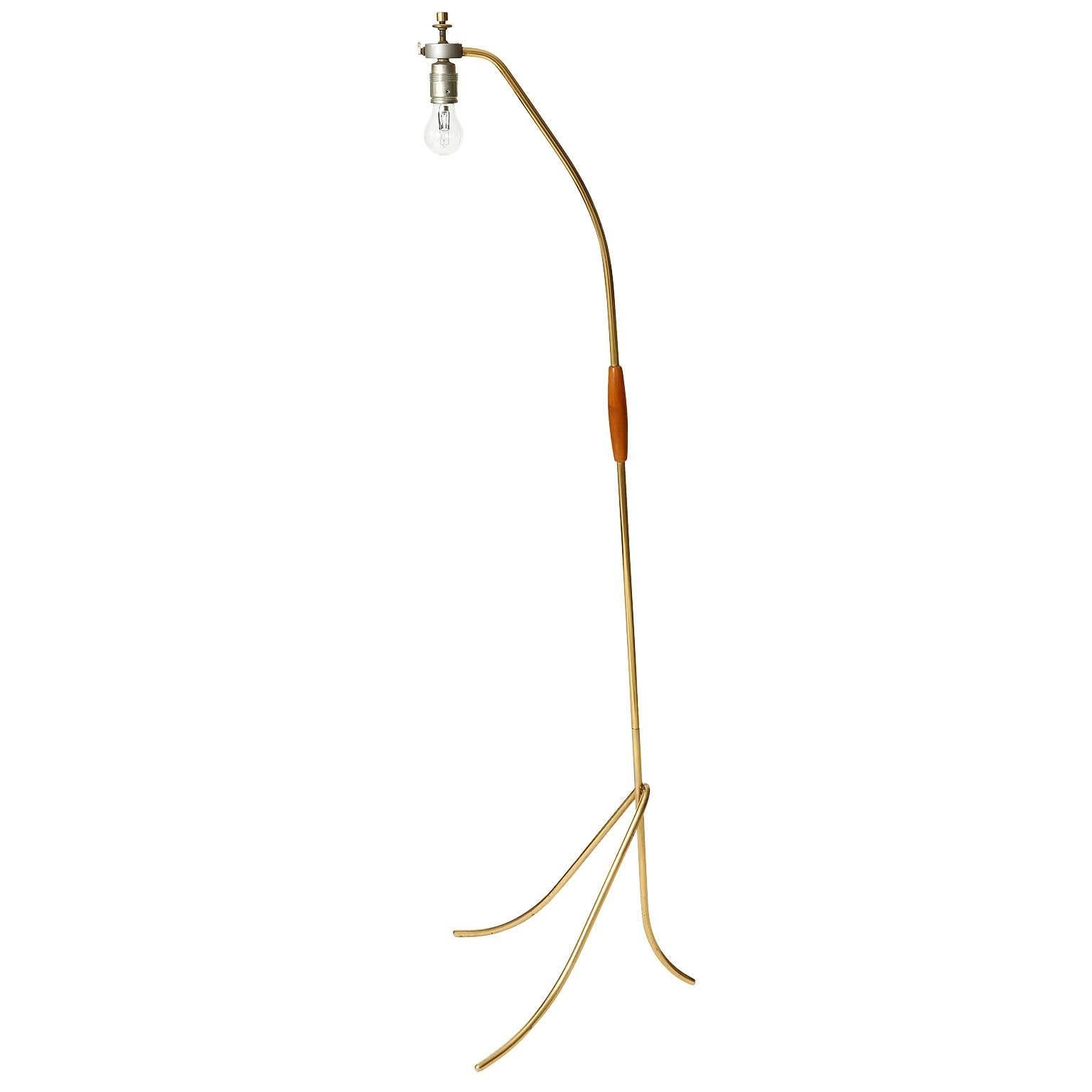 Mid-20th Century One of Two Floor Lamps Brass Wood, Rupert Nikoll, Austria, 1960 For Sale