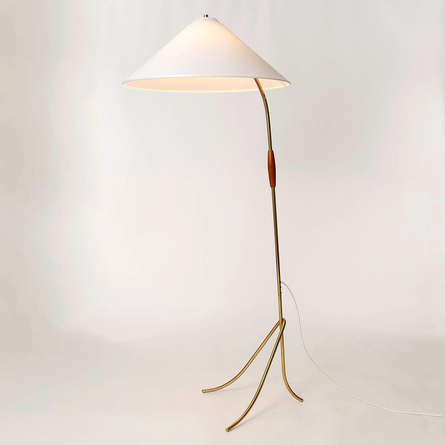 Textile One of Two Floor Lamps Brass Wood, Rupert Nikoll, Austria, 1960 For Sale
