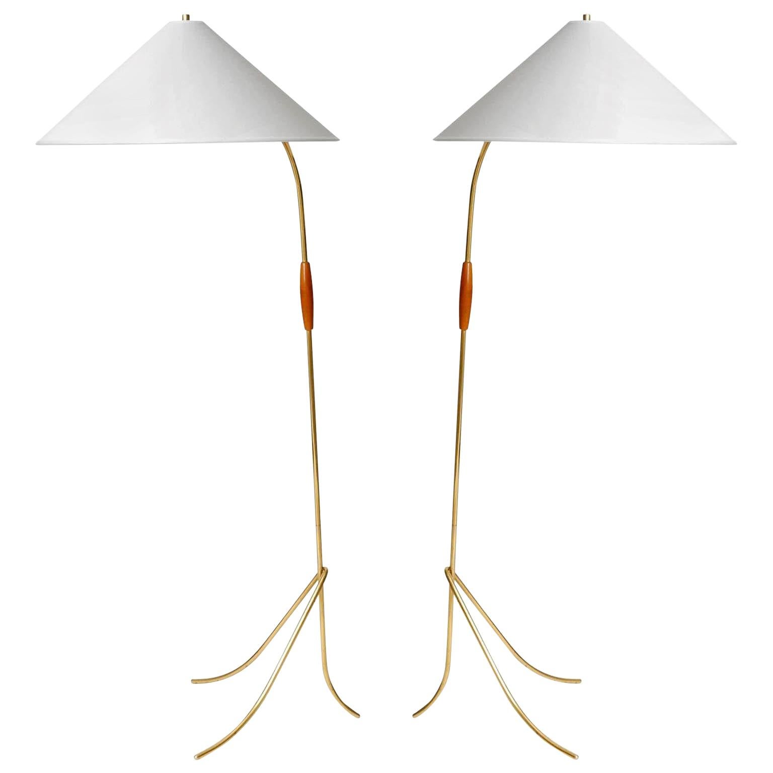 One of Two Floor Lamps Brass Wood, Rupert Nikoll, Austria, 1960 For Sale