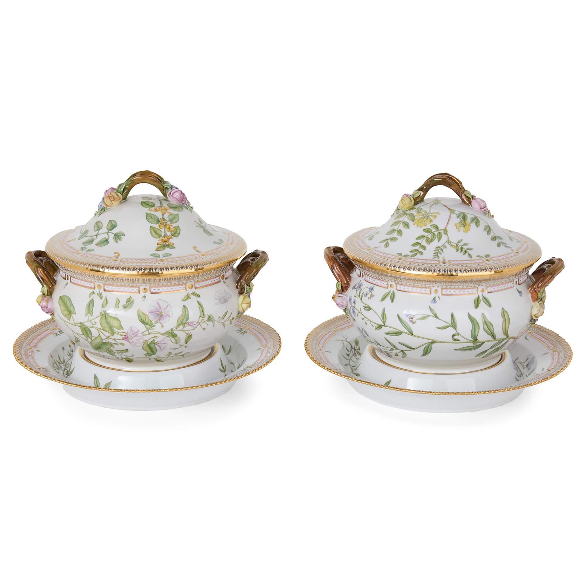 Two Flora Danica Danish Porcelain Tureens Covers Stands Royal Copenhagen 
Danish, 20th Century 
Height 27cm, diameter 33cm

These exceptional tureens are part of the famed Flora Danica porcelain service, crafted by Denmark’s Royal Copenhagen
