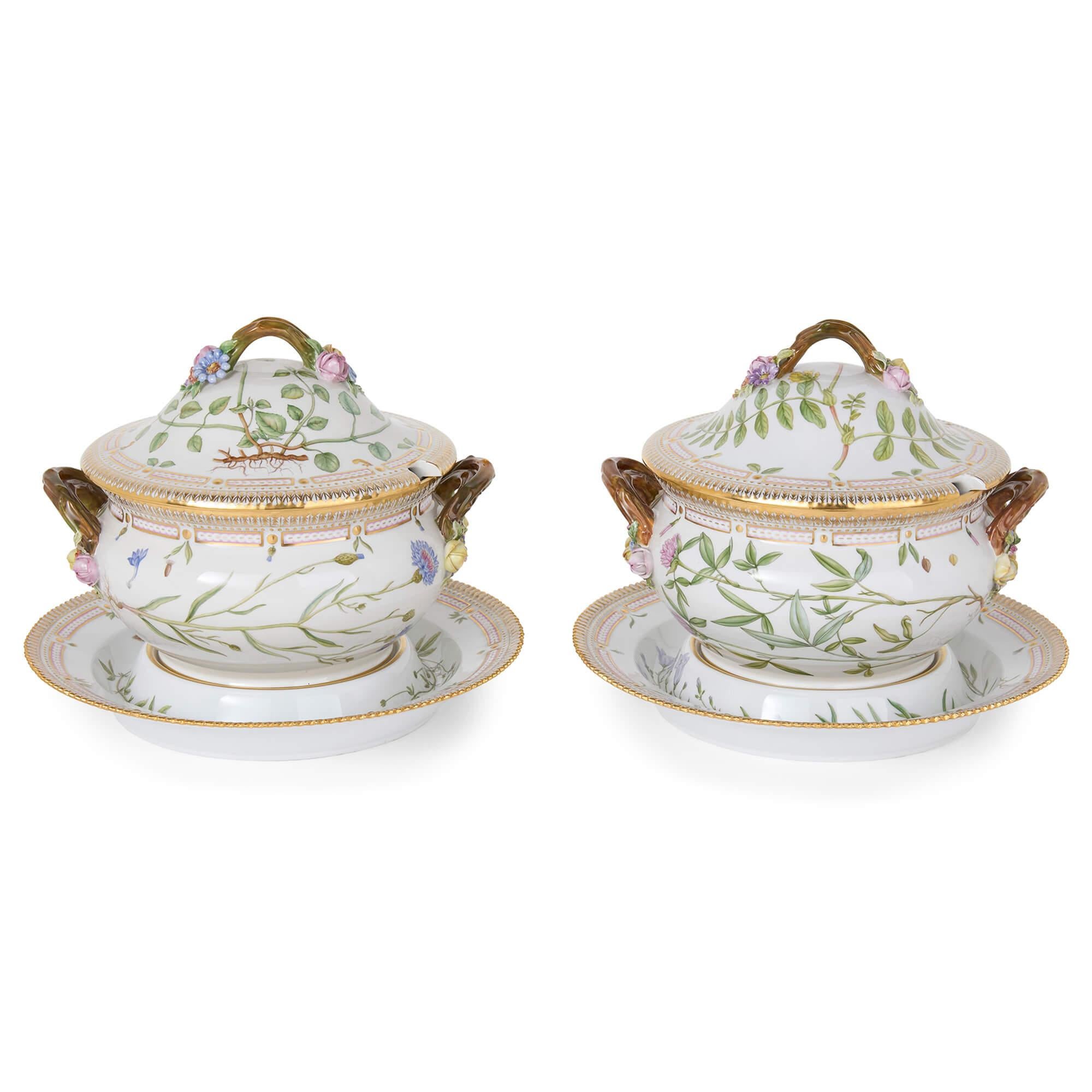 Rococo Two Flora Danica Danish Porcelain Tureens Covers Stands Royal Copenhagen For Sale
