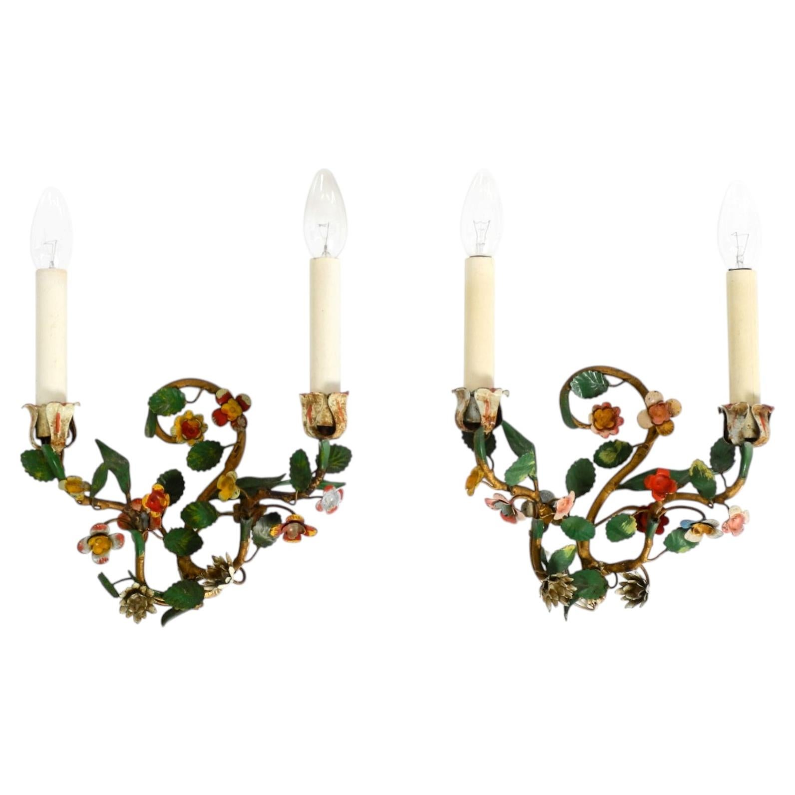 Two floral wall lamps made of metal with hand-painted details, Italy 1950s