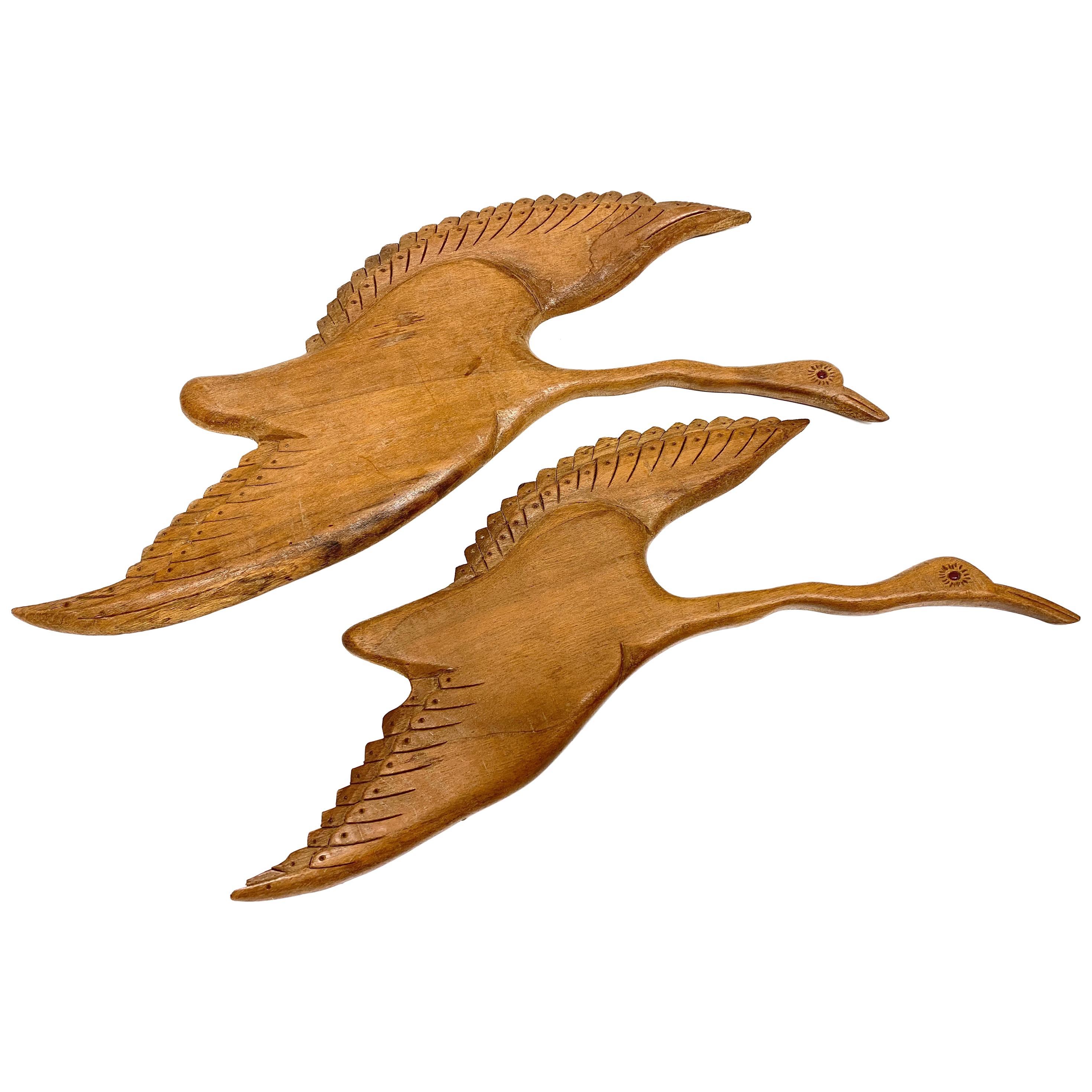 Two Flying Ducks Birds Wood Carved Wall Decoration Vintage, 1950s