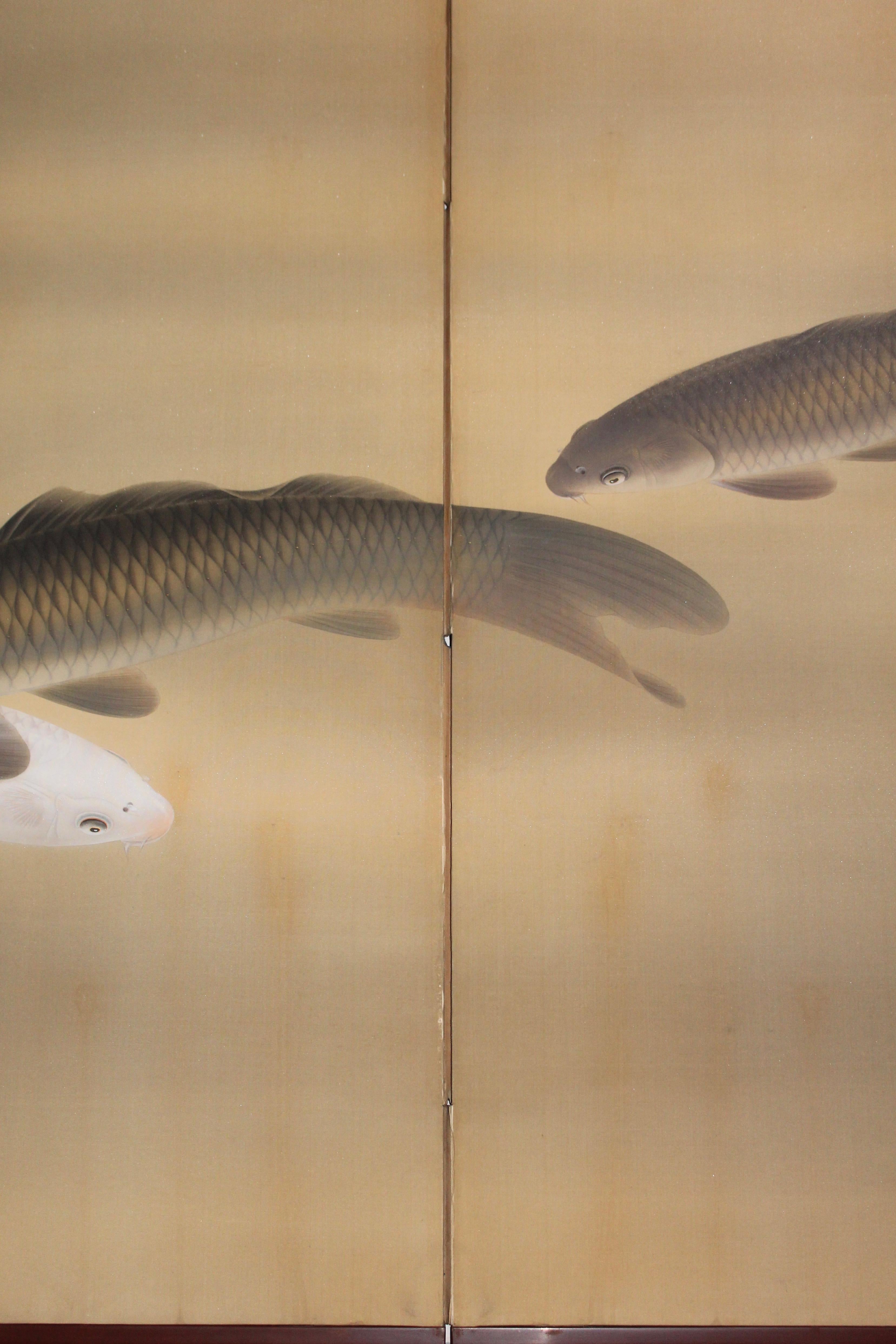 Two-Fold Japanese Screen of Koi Carps on Pale Ground, Early 20th Century 3