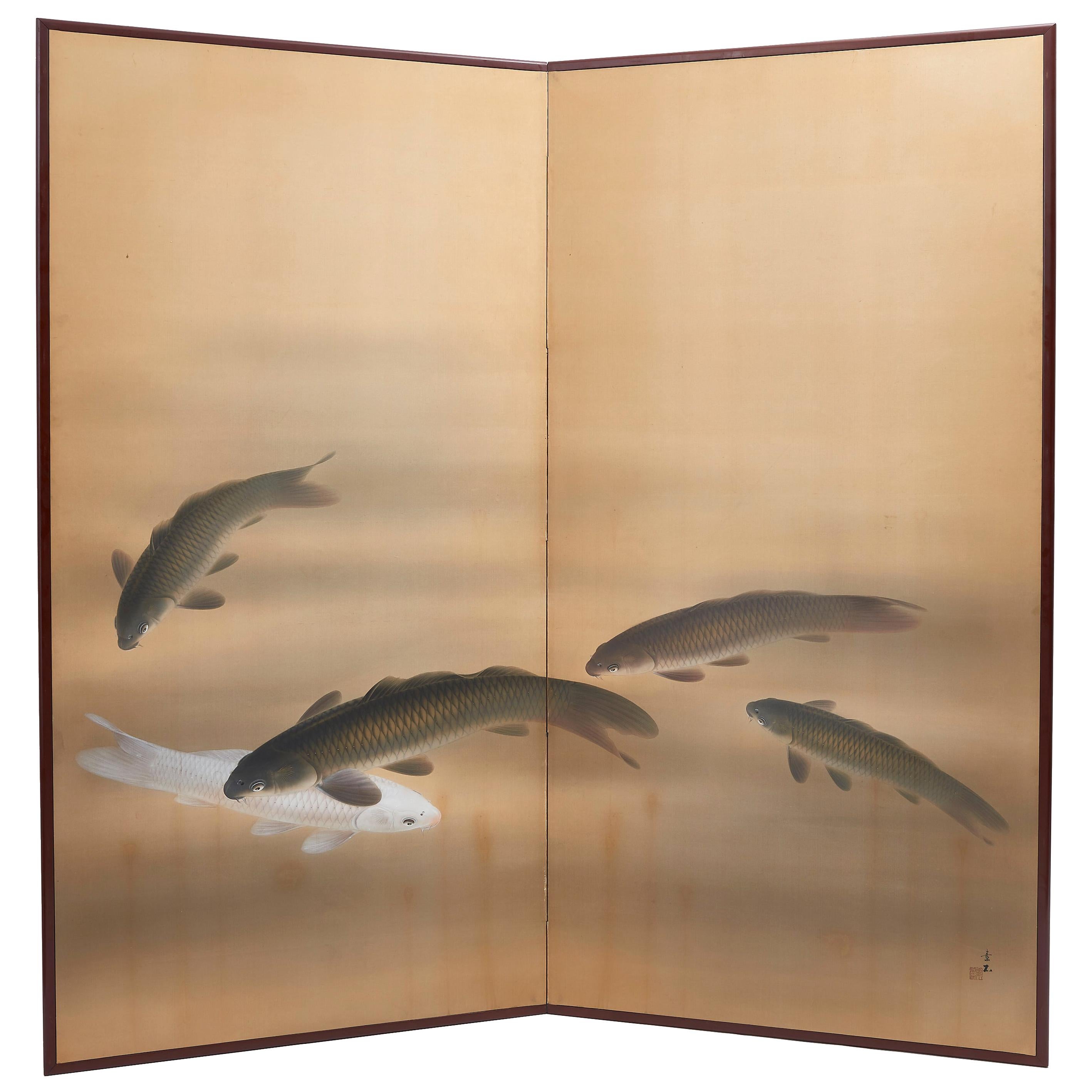 Two-Fold Japanese Screen of Koi Carps on Pale Ground, Early 20th Century