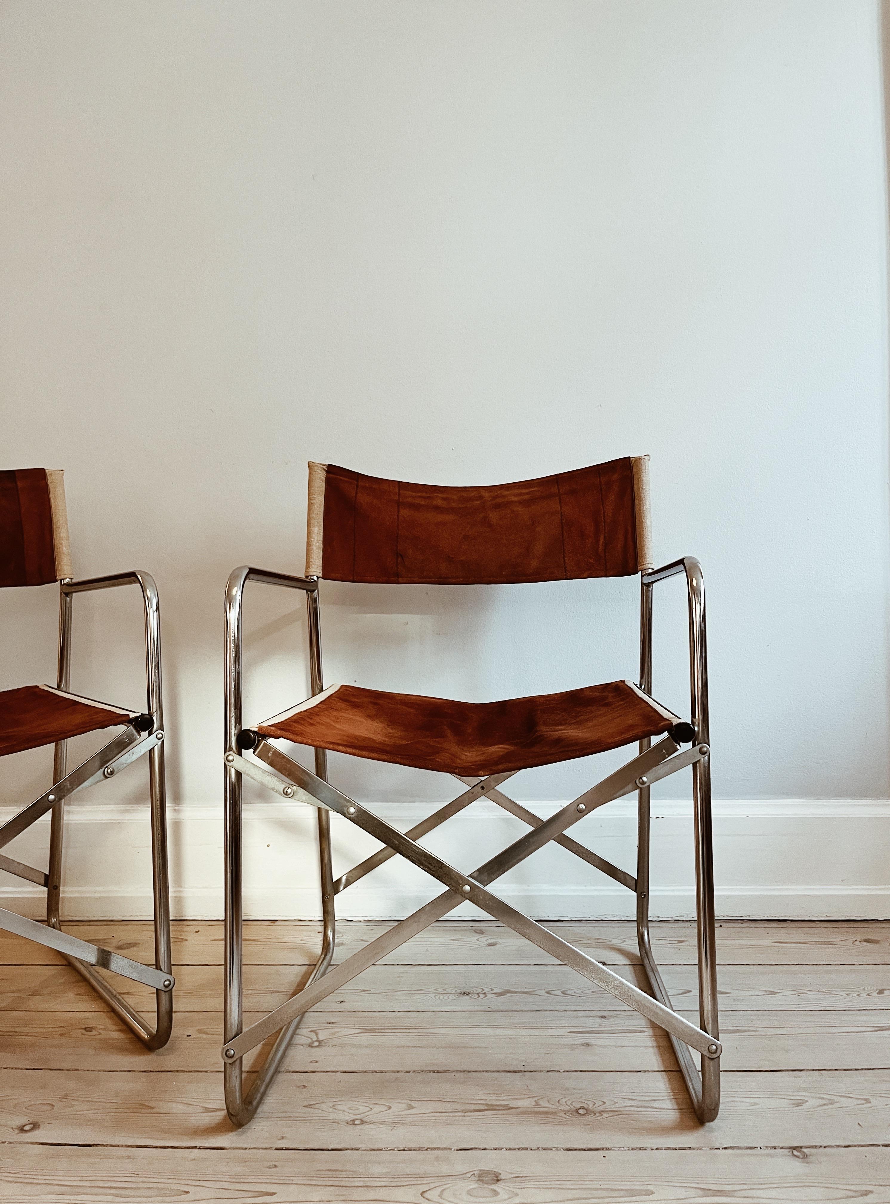 Italian Two folding chairs in chrome and chokolate colored suede