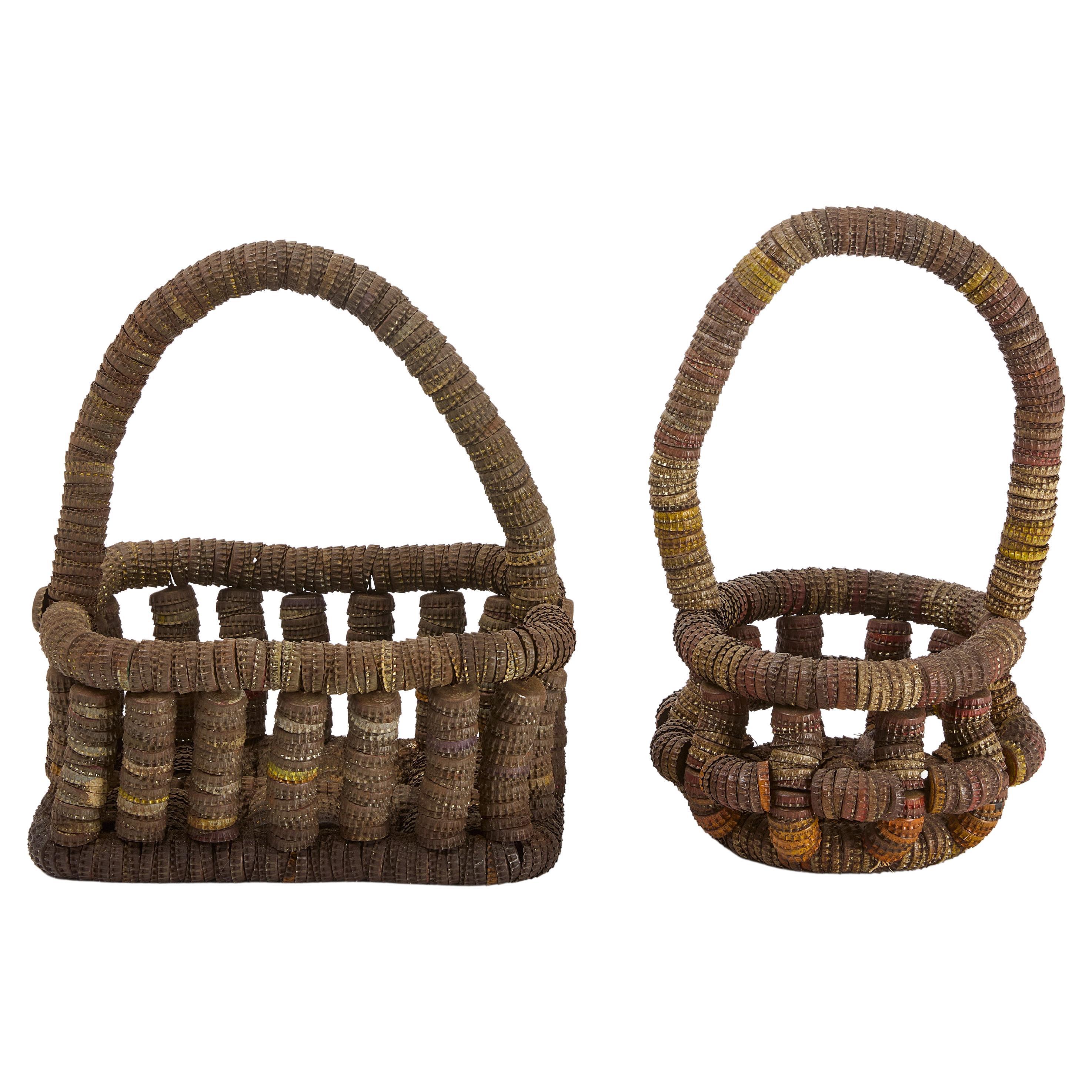 Two Folk Art Bottle Cap Baskets