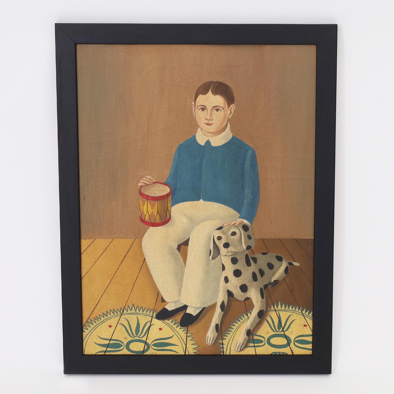 Two Folk Art Oil Paintings on Canvas of a Boy and Girl In Good Condition In Palm Beach, FL