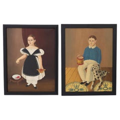 Two Folk Art Oil Paintings on Canvas of a Boy and Girl