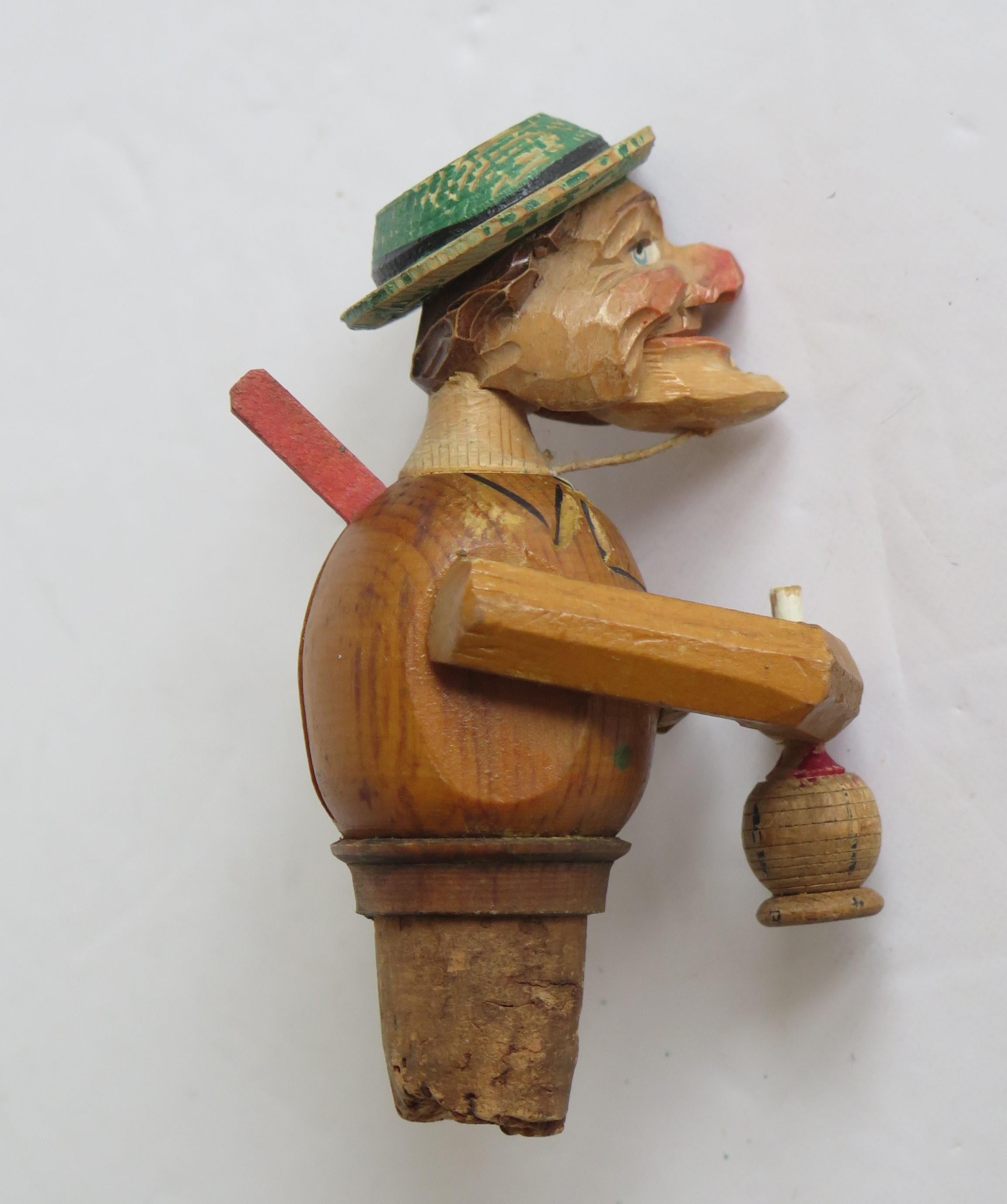 Two Folk Art Wine Bottle Stoppers Wood Hand Carved Articulated, circa 1930 5