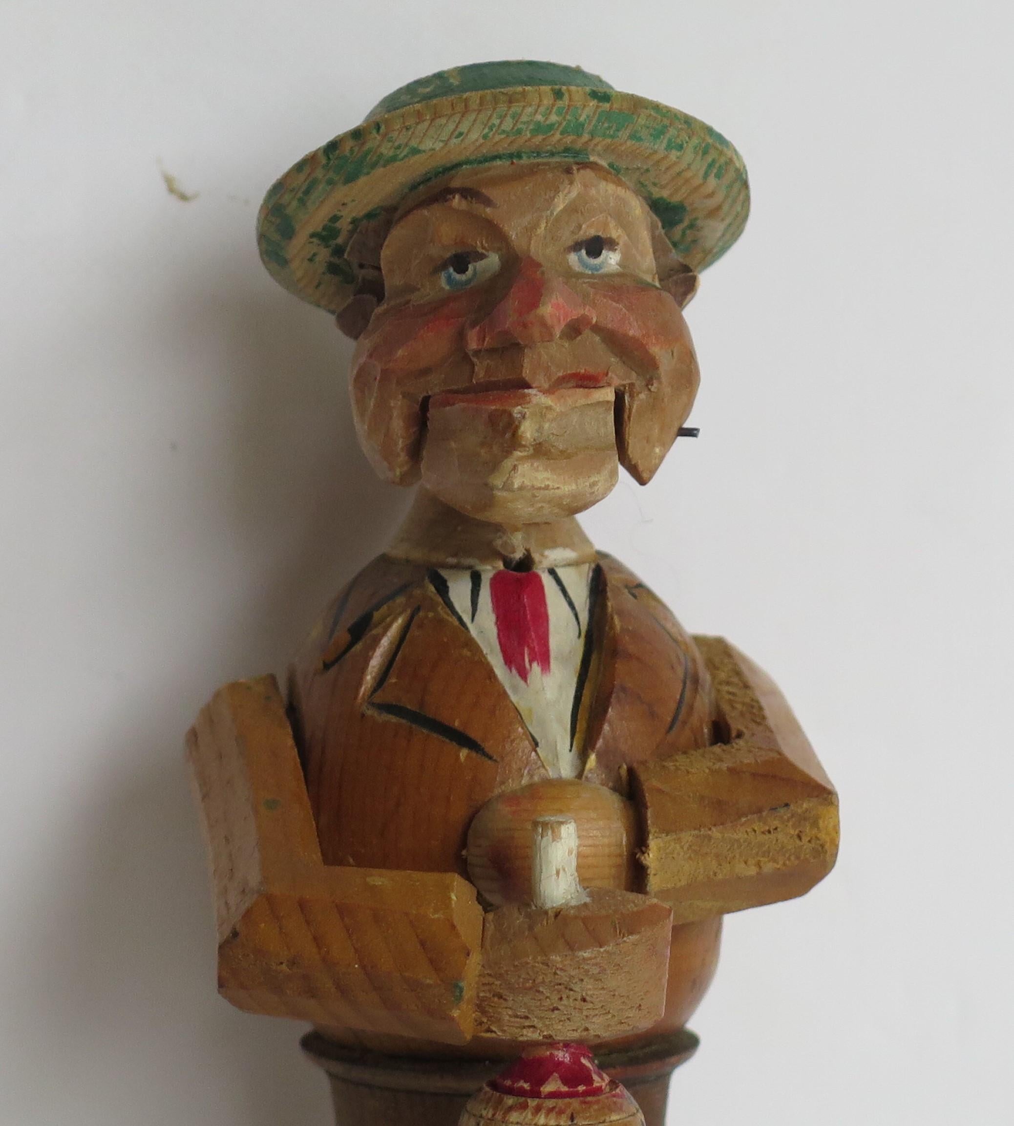 Two Folk Art Wine Bottle Stoppers Wood Hand Carved Articulated, circa 1930 7