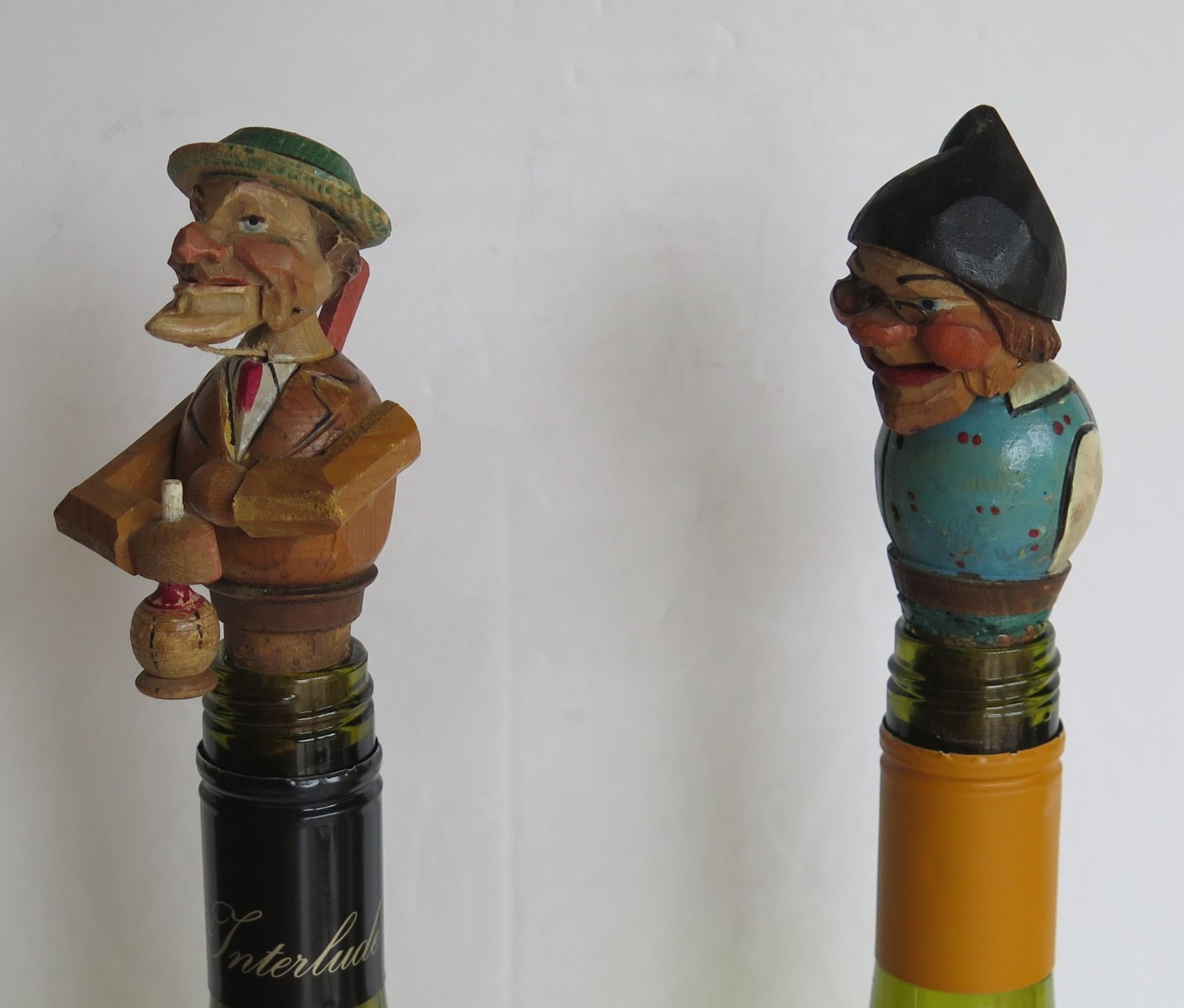 Two Folk Art Wine Bottle Stoppers Wood Hand Carved Articulated, circa 1930 10