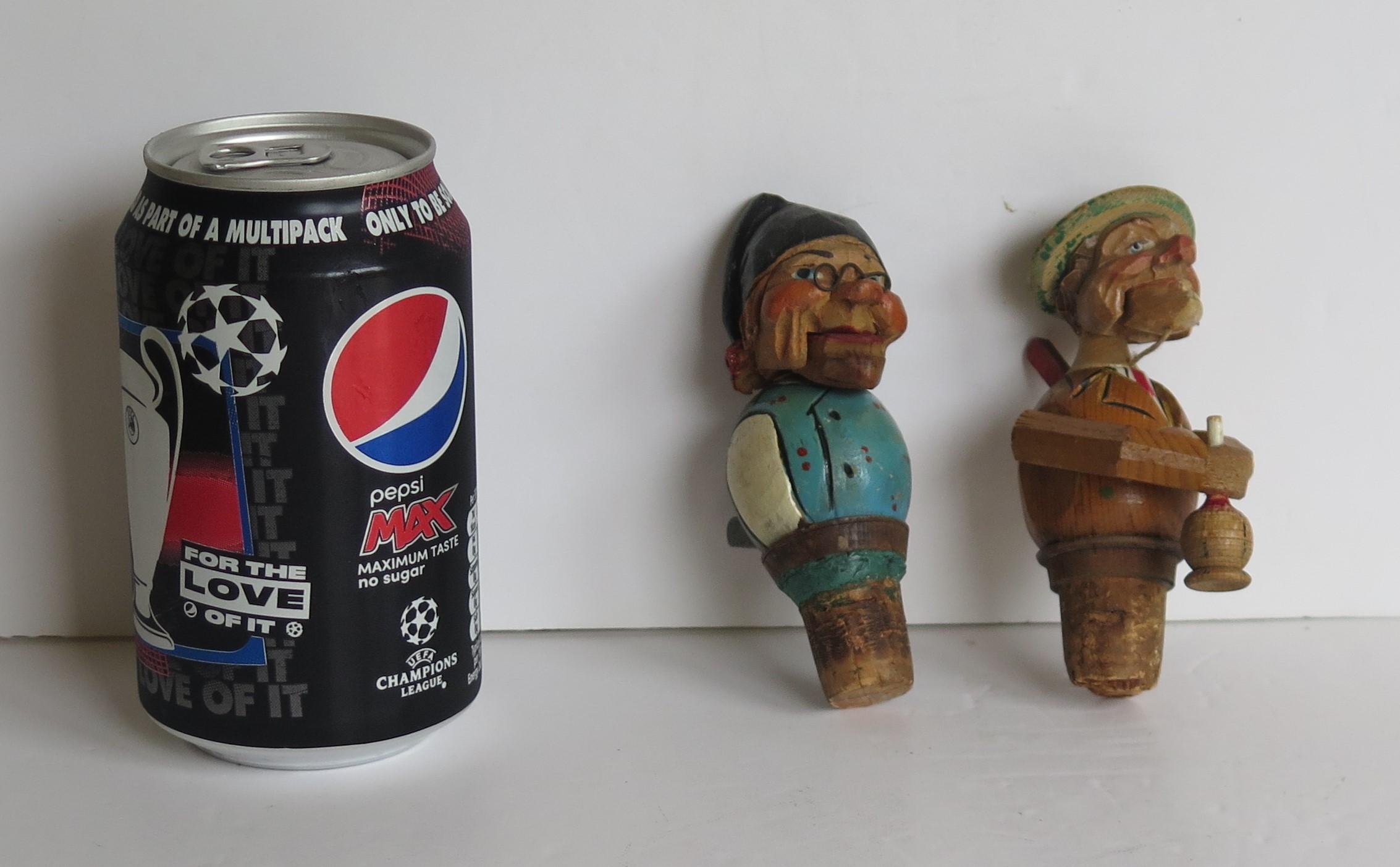 Two Folk Art Wine Bottle Stoppers Wood Hand Carved Articulated, circa 1930 11