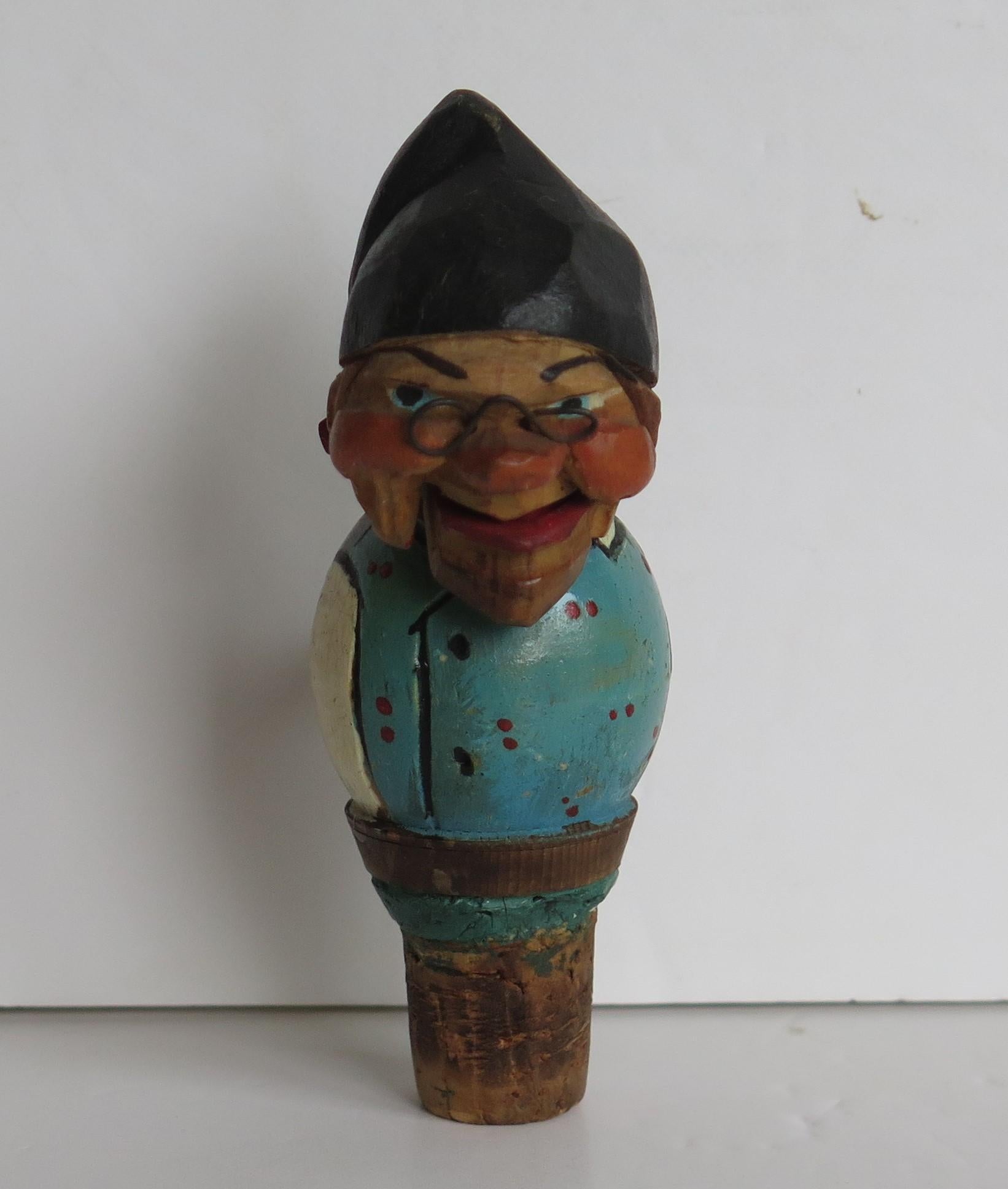 Hand-Painted Two Folk Art Wine Bottle Stoppers Wood Hand Carved Articulated, circa 1930