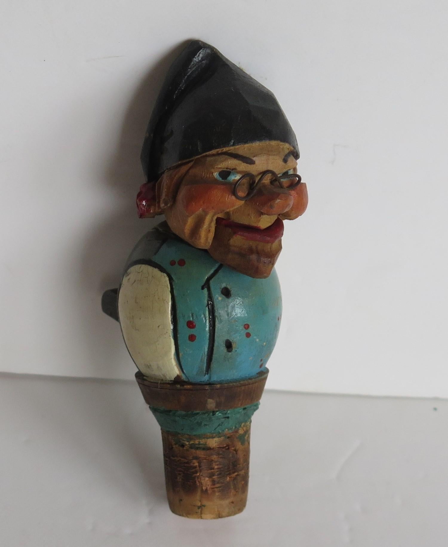 20th Century Two Folk Art Wine Bottle Stoppers Wood Hand Carved Articulated, circa 1930