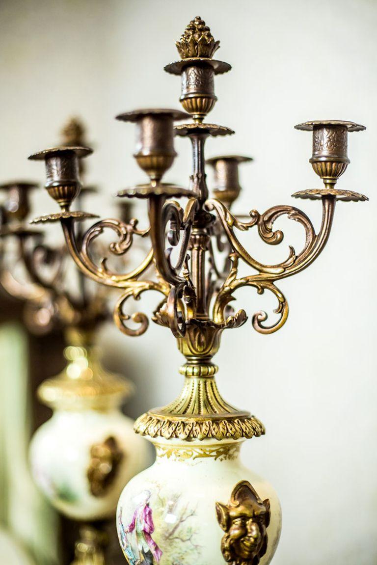 Antique, Two Four-Arm Candelabra with porcelain and brass details, 19th Century For Sale 5