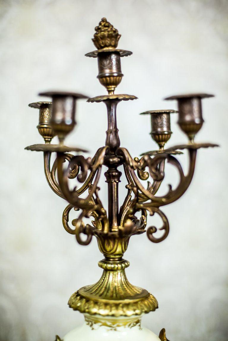 Antique, Two Four-Arm Candelabra with porcelain and brass details, 19th Century For Sale 6