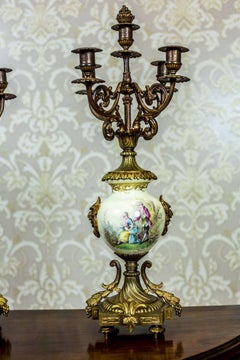 Antique, Two Four-Arm Candelabra with porcelain and brass details, 19th Century