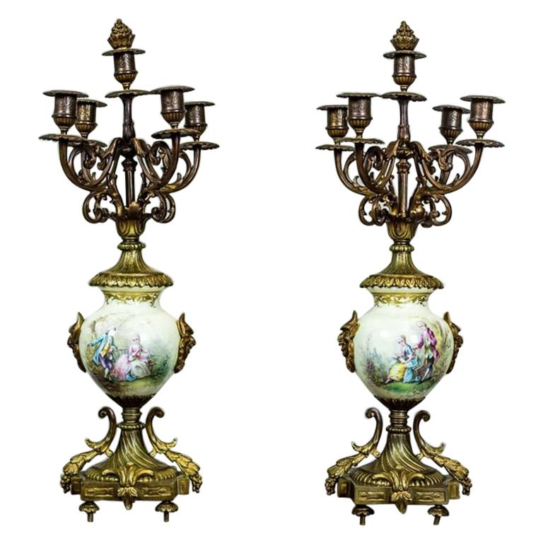 Antique, Two Four-Arm Candelabra with porcelain and brass details, 19th Century For Sale