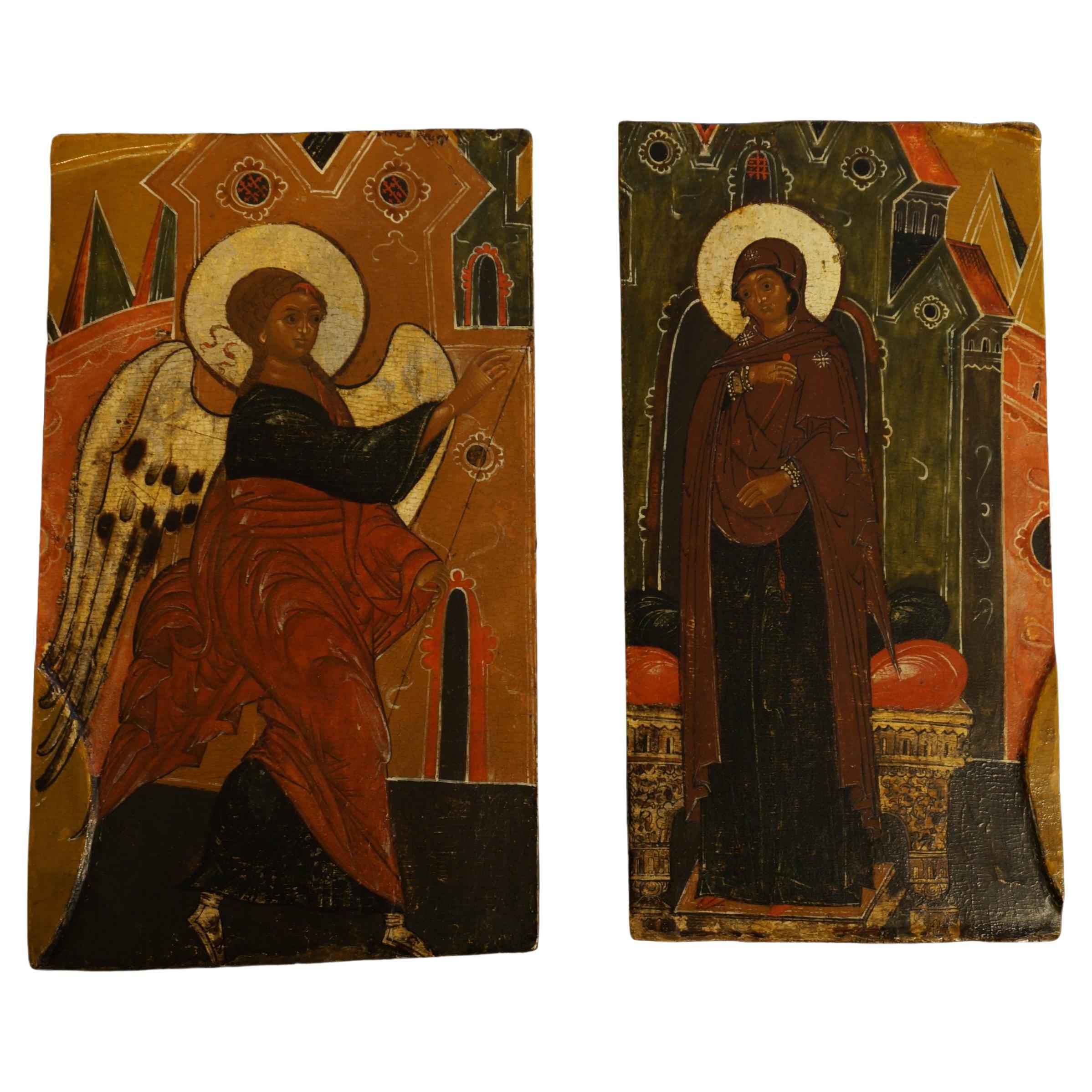 Two fragments from a 17th century Royal Door from an iconostasis, Annunciation For Sale