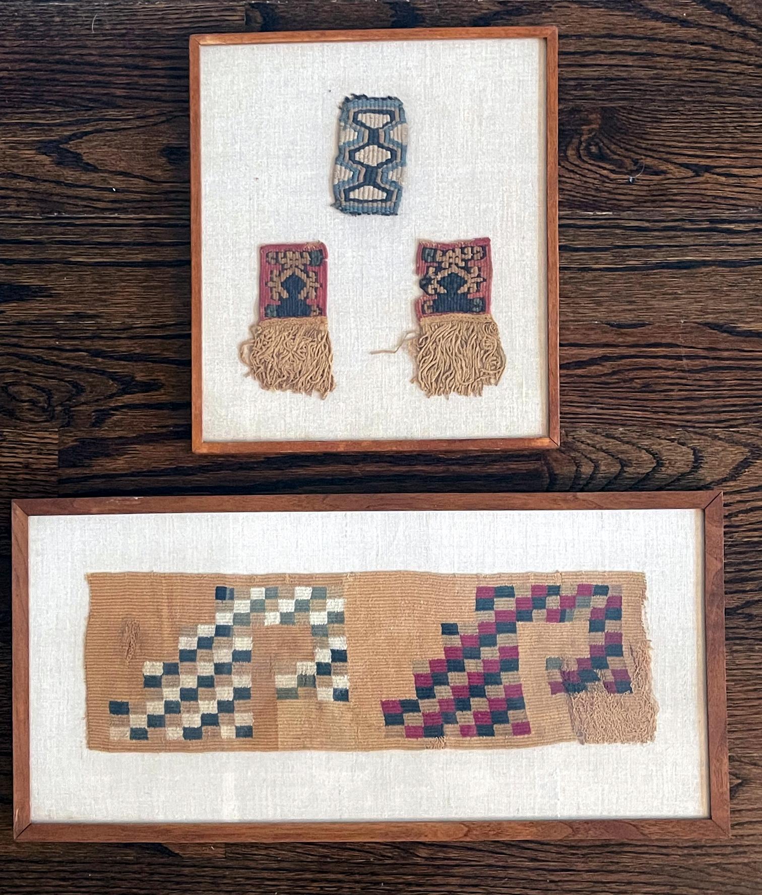 A collection of four pre-Columbian textile fragments presented in groupings in two wood frames. The style of these textile indicate that they are from Inca period in nowadays Peru, circa 15-16th century. The larger single panel shows stepped check
