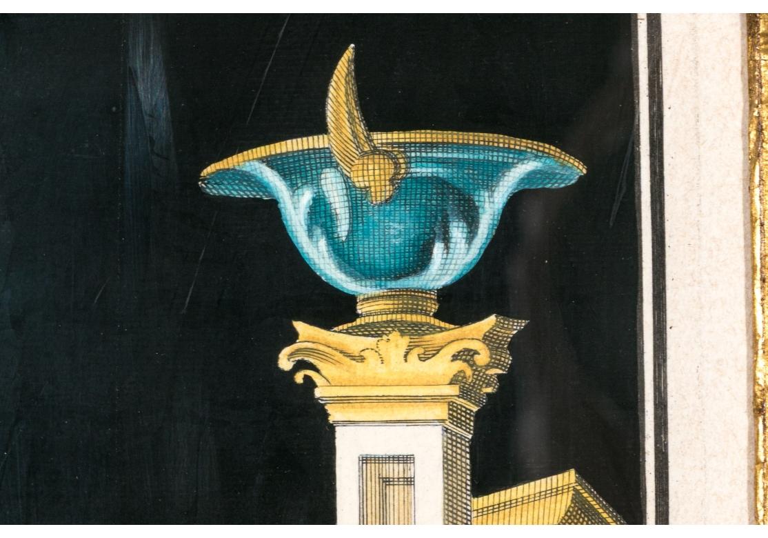 Ein außergewöhnlich individuell gerahmter Satz von zwei handkolorierten Stichen aus dem 18. C. Die handkolorierten Drucke stellen architektonische Innen- und Außenräume dar. Zu den beiden Buchdrucken gehören die Tafeln Pag 259 und Pag 317.

Jeder