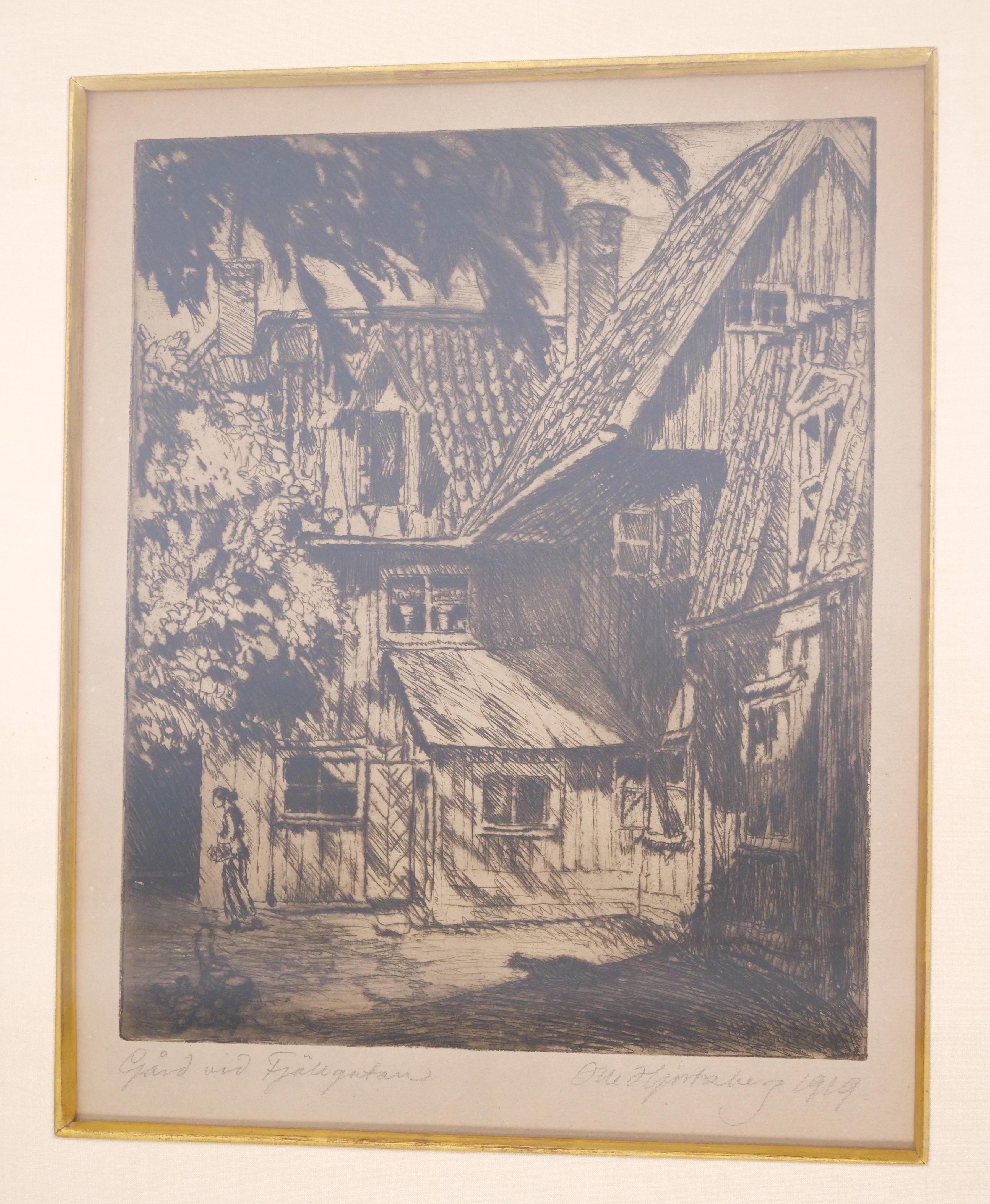 Wood Two Framed Architectural Etchings by Olle Hjortzberg (1872-1959) For Sale