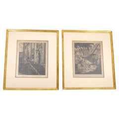 Antique Two Framed Architectural Etchings by Olle Hjortzberg (1872-1959)