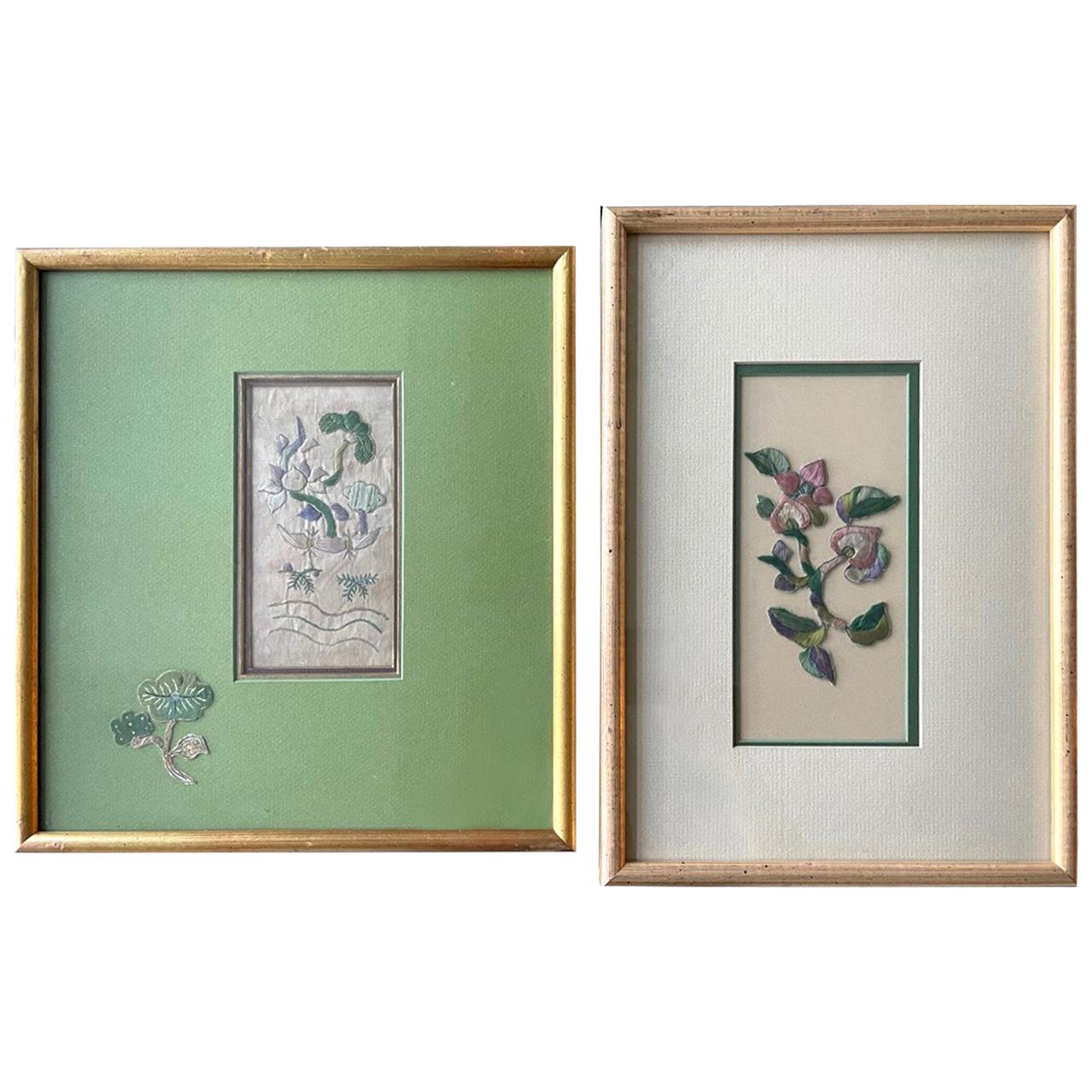 Two Framed Chinese Antique Textile Fragments Qing Dynasty Provenance For Sale
