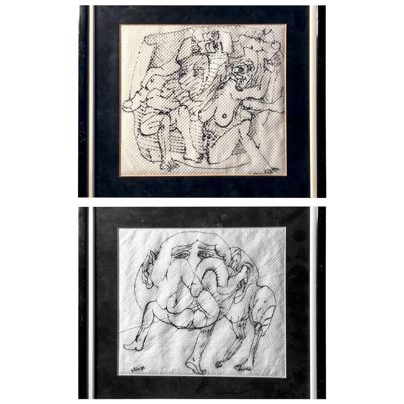 Two Framed Marker on Paper Towel Made Works Made in Paris and Signed, Hugh Weiss For Sale